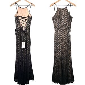 MACY'S JUMP APPAREL NWT Nude Cream & Black Lace Maxi Dress Gown - Size 3/4